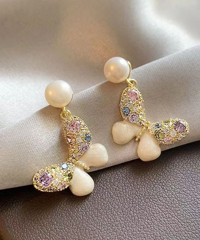 New Rainbow Alloy Zircon Pearl Butterfly Stud Earrings