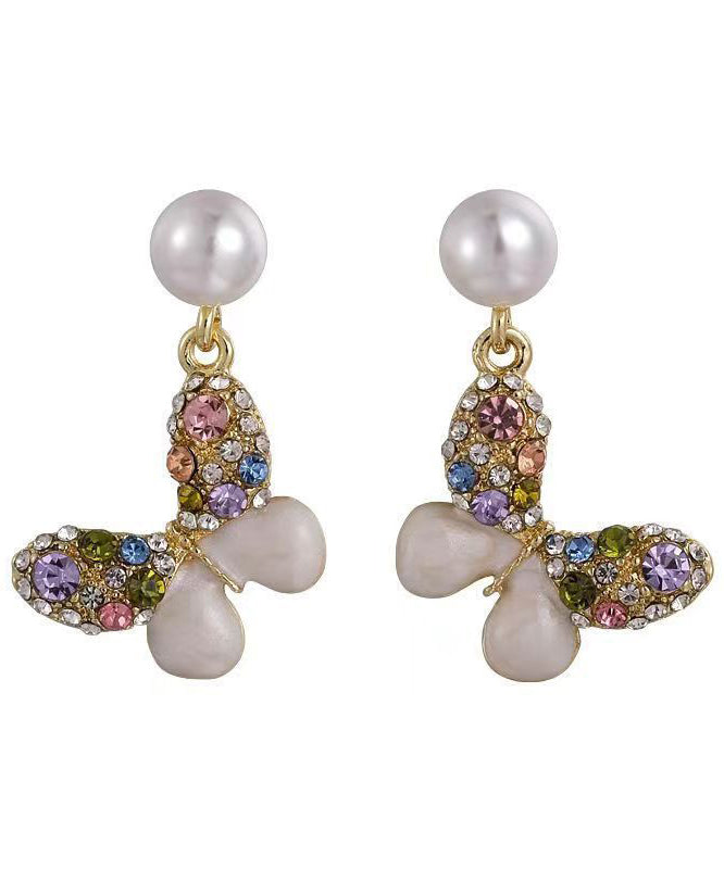 New Rainbow Alloy Zircon Pearl Butterfly Stud Earrings