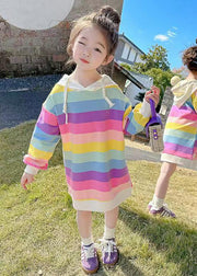 New Rainbow Hooded Lace Up Cotton Girls Sweatshirt Dress Fall