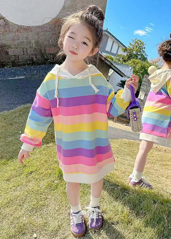New Rainbow Hooded Lace Up Cotton Girls Sweatshirt Dress Fall