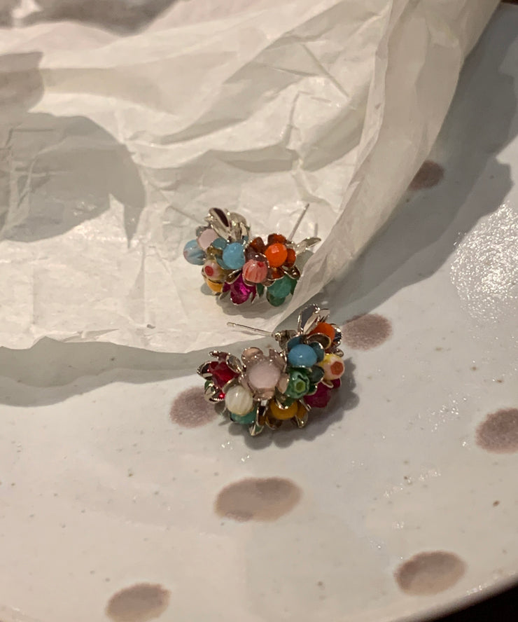 New Rainbow Sterling Silver Crystal Floral Stud Earrings