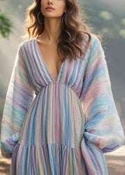 New Rainbow Striped Pockets Long Dresses Spring