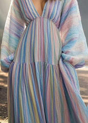 New Rainbow Striped Pockets Long Dresses Spring