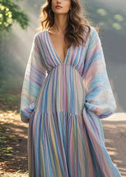 New Rainbow Striped Pockets Long Dresses Spring