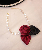 New Red Alloy Pearl Beading Fabric Art Floral Pendant Necklace