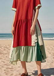 New Red Asymmetrical Design Patchwork Cotton Dresses Summer