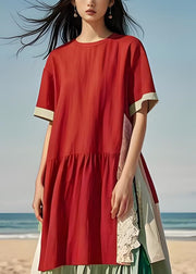 New Red Asymmetrical Design Patchwork Cotton Dresses Summer