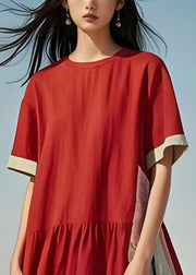 New Red Asymmetrical Design Patchwork Cotton Dresses Summer