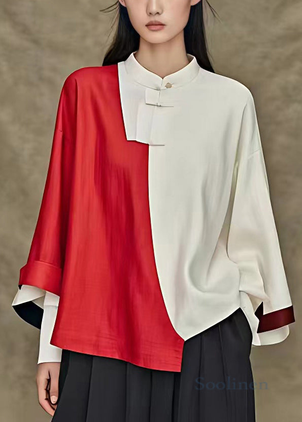 New Red Asymmetrical Patchwork Cotton Blouse Long Sleeve