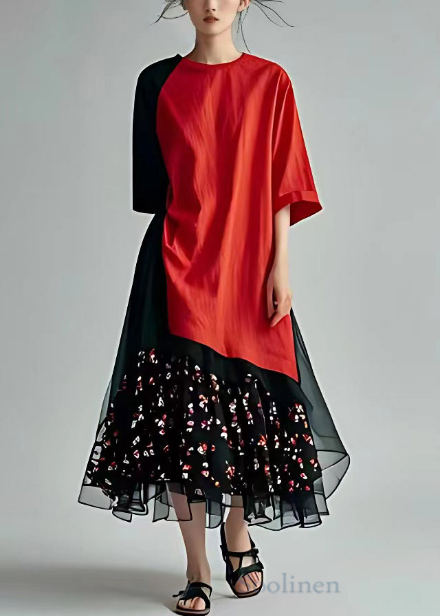 New Red Asymmetrical Print Chiffon Patchwork Long Dresses Half Sleeve