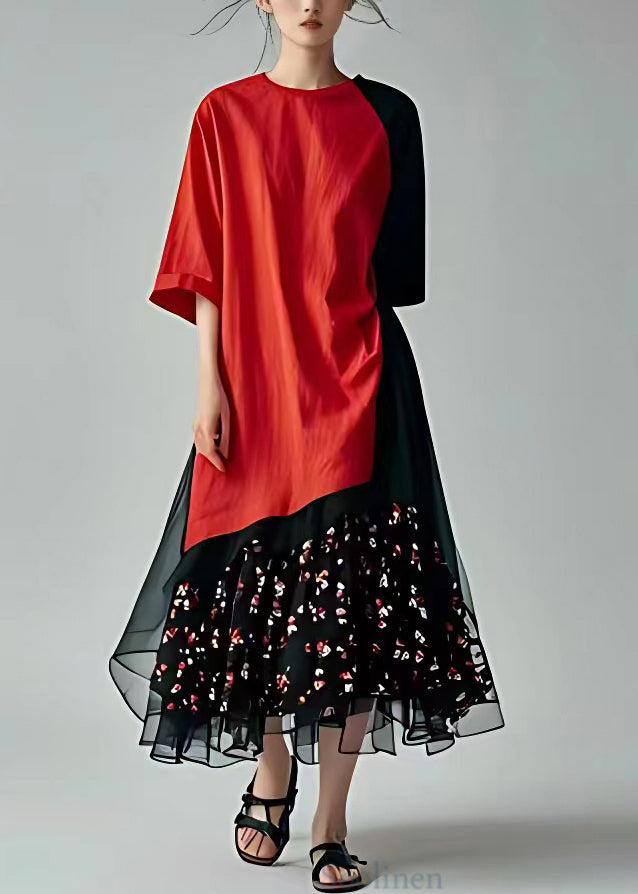 New Red Asymmetrical Print Chiffon Patchwork Long Dresses Half Sleeve