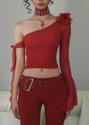 New Red Asymmetrical Solid Cotton T Shirt Long Sleeve