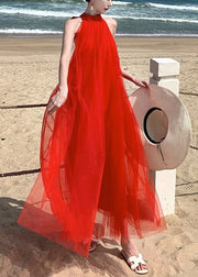 New Red Backless Lace Up Tulle Long Dresses Sleeveless