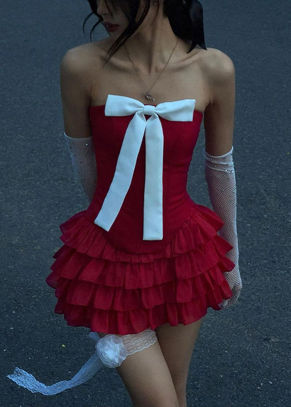 New Red Bow Tank And Pleated Skirt Cotton Two Pieces Set Sleeveless