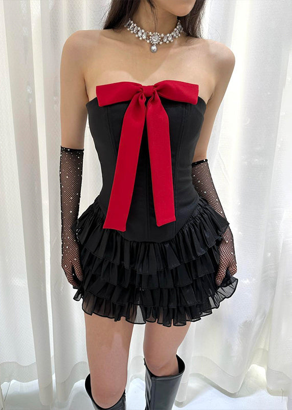 New Red Bow Tank And Pleated Skirt Cotton Two Pieces Set Sleeveless