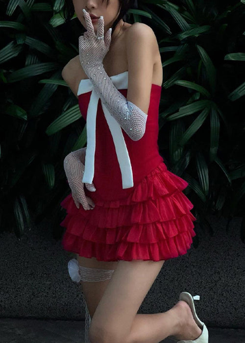 New Red Bow Tank And Pleated Skirt Cotton Two Pieces Set Sleeveless