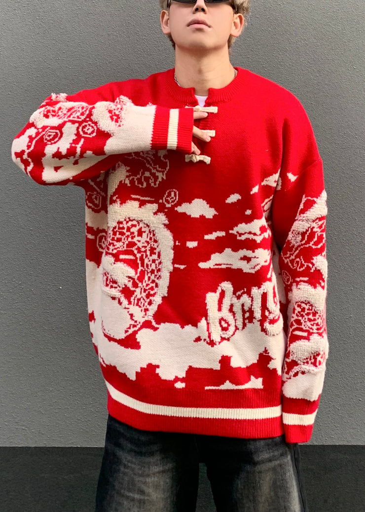 New Red Button Patchwork Knit Mens Sweaters Winter