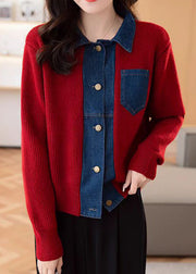 New Red Button Pockets Patchwork Knit Coat Spring