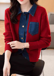 New Red Button Pockets Patchwork Knit Coat Spring