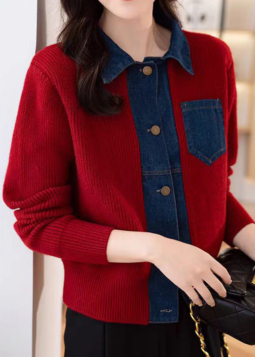 New Red Button Pockets Patchwork Knit Coat Spring