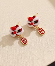 New Red Copper 14K Gold 14K Gold Lion Dance Drop Earrings