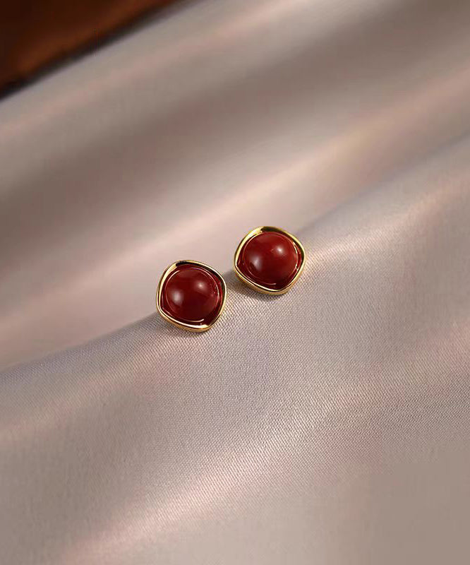 New Red Copper Overgild Red Bean Stud Earrings