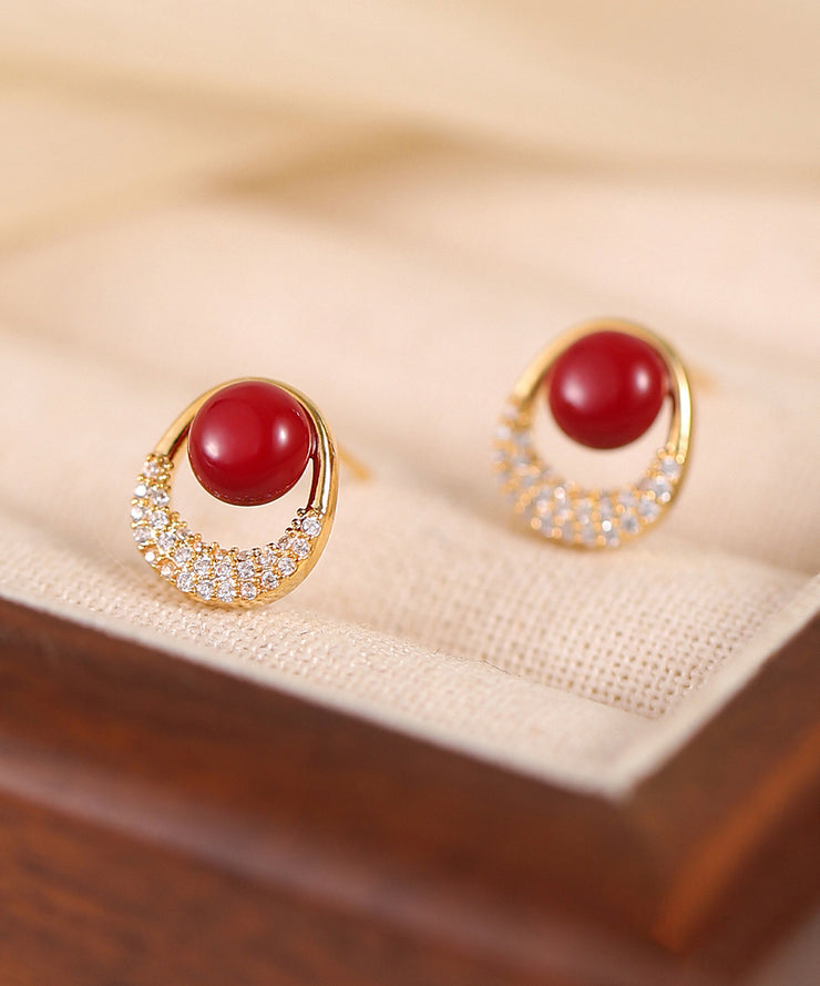 New Red Copper Overgild Zircon Pearl Stud Earrings