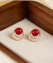 New Red Copper Overgild Zircon Pearl Stud Earrings