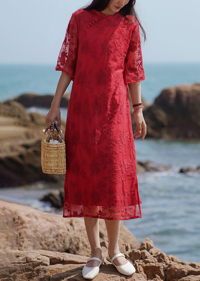 New Red Embroidered Side Open Dresses Half Sleeve