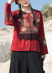 New Red Embroidered Tasseled Silk Coat Long Sleeve