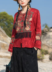 New Red Embroidered Tasseled Silk Coat Long Sleeve