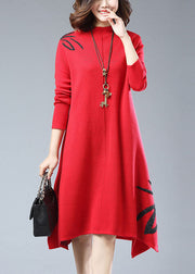 New Red Embroidered Side Open Patchwork Woolen Knitwear Dress Long Sleeve