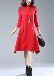 New Red Embroideried Side Open Patchwork Woolen Knitwear Dress Long Sleeve