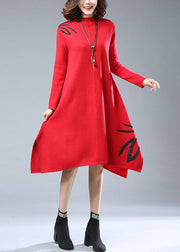 New Red Embroidered Side Open Patchwork Woolen Knitwear Dress Long Sleeve