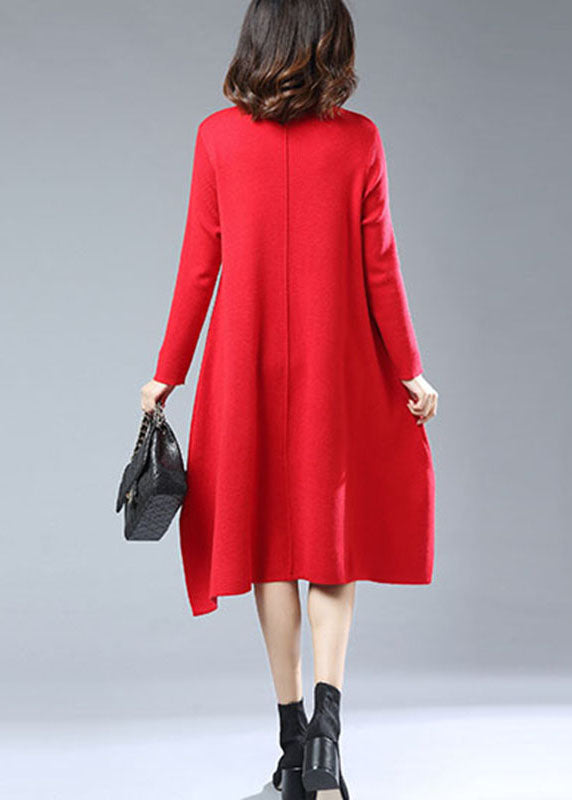 New Red Embroidered Side Open Patchwork Woolen Knitwear Dress Long Sleeve