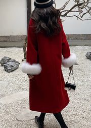 New Red Fur Collar Lace Up Patchwork Woolen Coat Spring