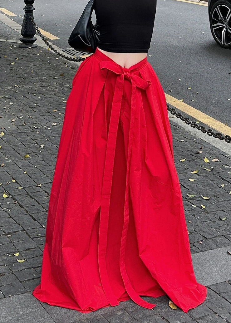 New Red Lace Up High Waist Cotton Maxi Skirts Summer
