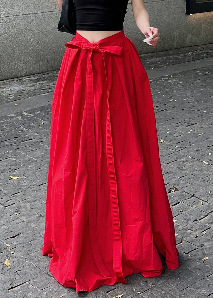 New Red Lace Up High Waist Cotton Maxi Skirts Summer