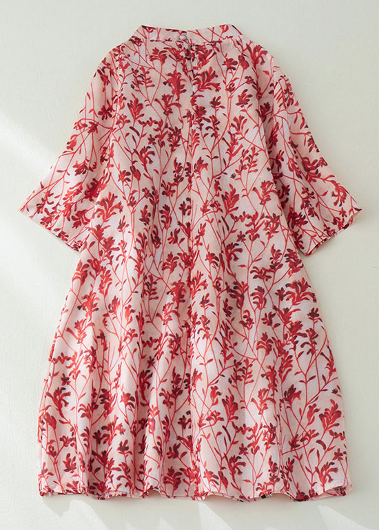 New Red Lace Up Print Silk Cotton Mid Dress Half Sleeve