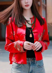 New Red O Neck Button Print Silk Coat Long Sleeve