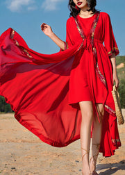 New Red O Neck Drawstring Patchwork Chiffon Two Piece Set Summer