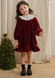 New Red O-Neck Lace Patchwork Silk Velour Girls Mid Dresses Lantern Sleeve