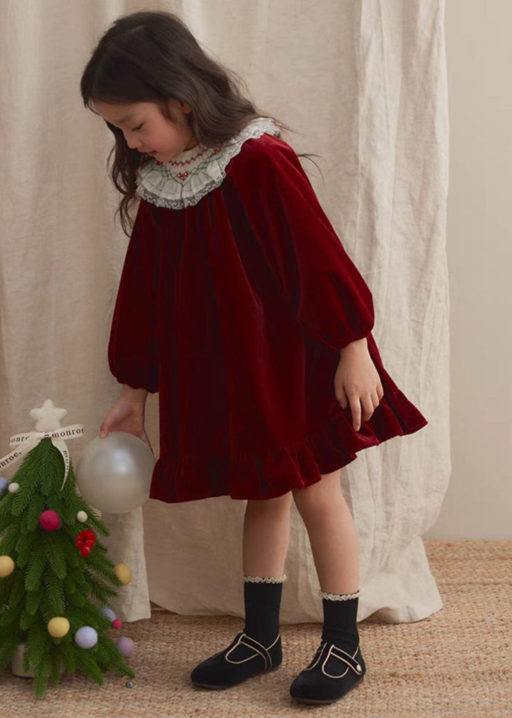 New Red O-Neck Lace Patchwork Silk Velour Girls Mid Dresses Lantern Sleeve