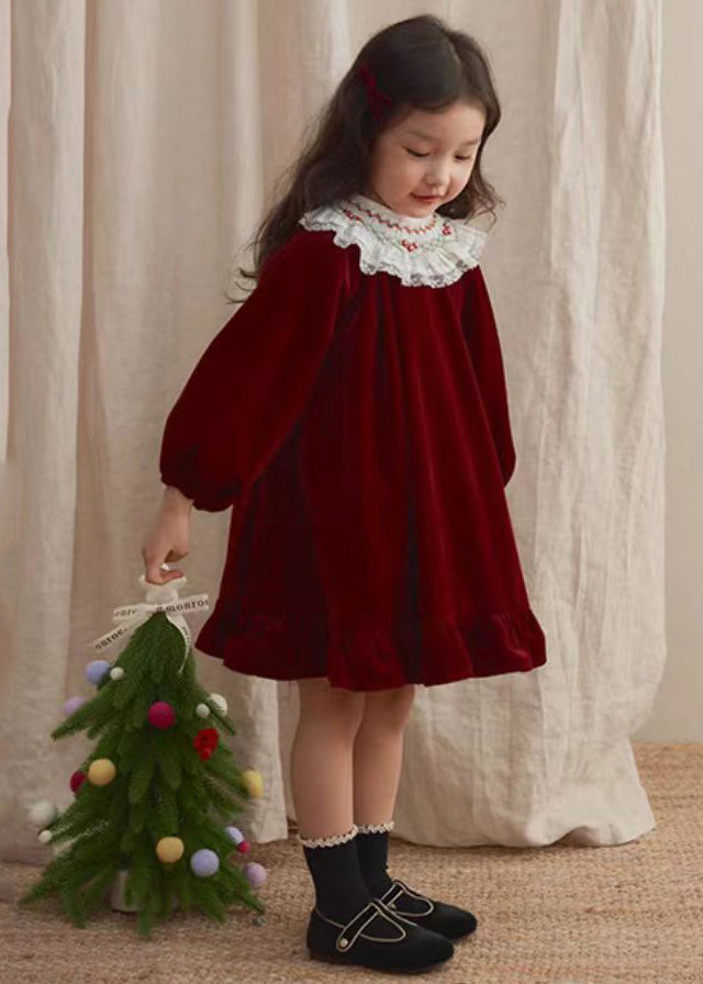 New Red O-Neck Lace Patchwork Silk Velour Girls Mid Dresses Lantern Sleeve