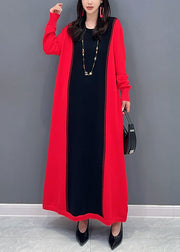 New Red O Neck Patchwork False Two Pieces Cotton Knit Long Dresses Fall