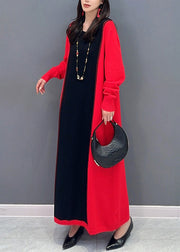 New Red O Neck Patchwork False Two Pieces Cotton Knit Long Dresses Fall