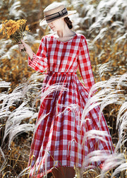 New Red O Neck Plaid Cinched Cotton Long Dresses Spring