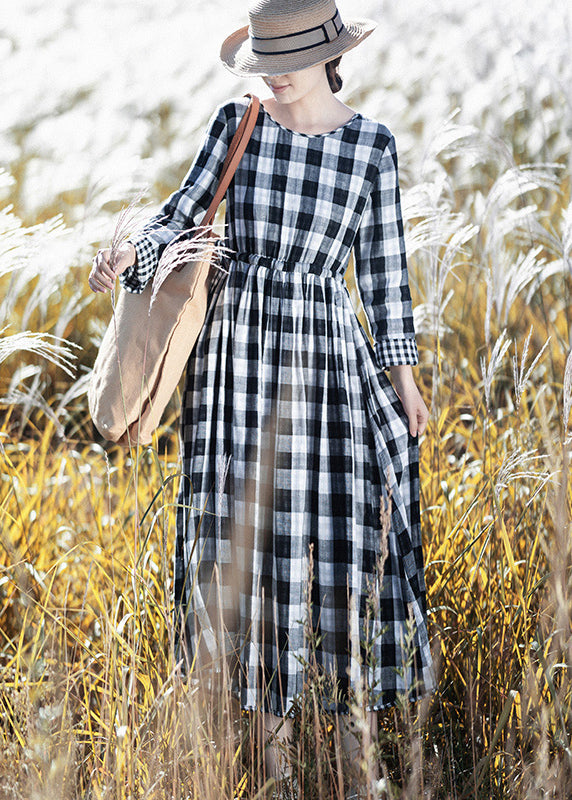 New Red O Neck Plaid Cinched Cotton Long Dresses Fall