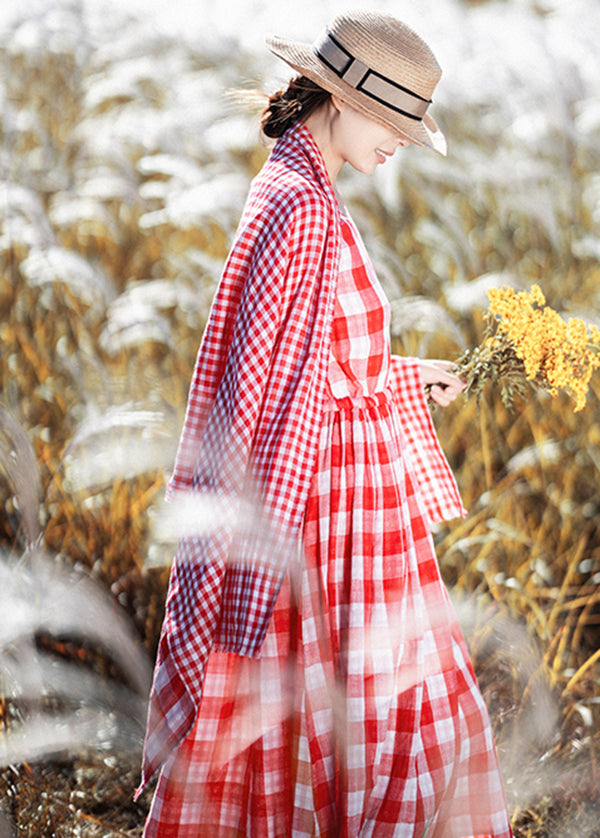 New Red O Neck Plaid Cinched Cotton Long Dresses Spring