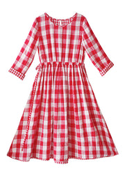 New Red O Neck Plaid Cinched Cotton Long Dresses Spring